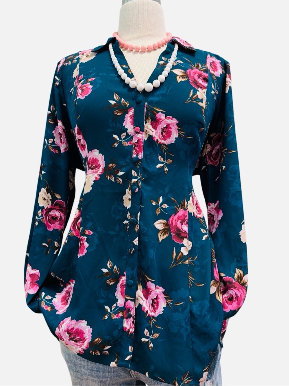 TORRID-Teal Button-Up Blouse with Pink Rose Print